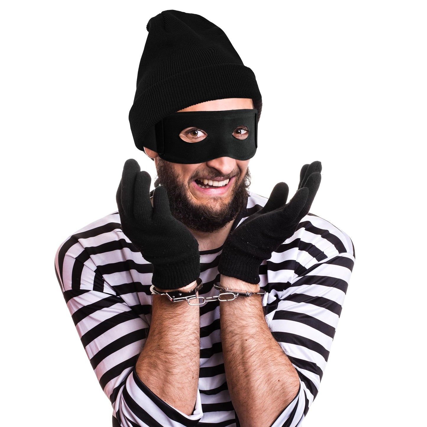 QZYL 8 PCS Robber Costume Set, Thief Cosplay Beanie Cap Gloves Eye Masks Canvas Money Bags for Halloween Burglar Theme Party