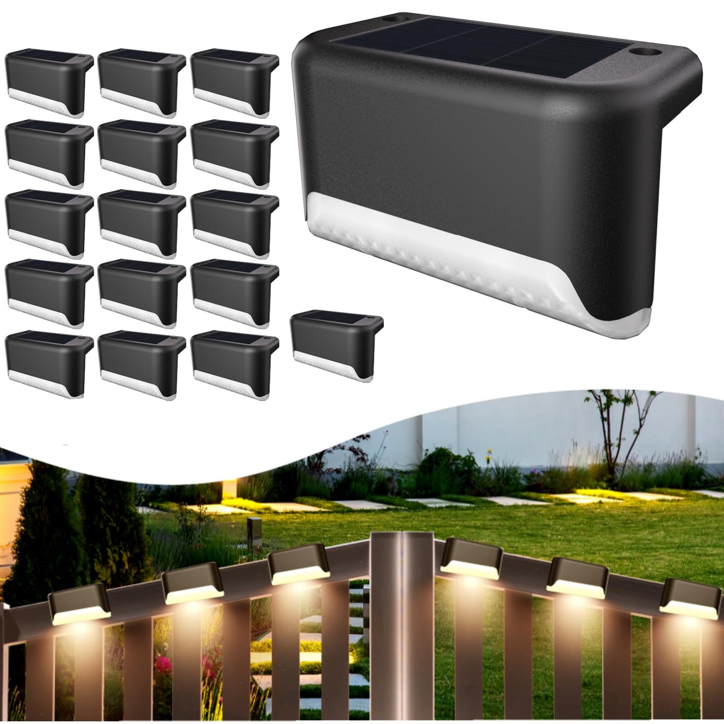 BKBB PPBB Solar Deck Lights Outdoor, 16 Pcs Solar Step Lights, Waterproof LED Solar Lights for Outdoor Stairs, Step, Fence, Yard, Patio, Railing, Garden and Pathway