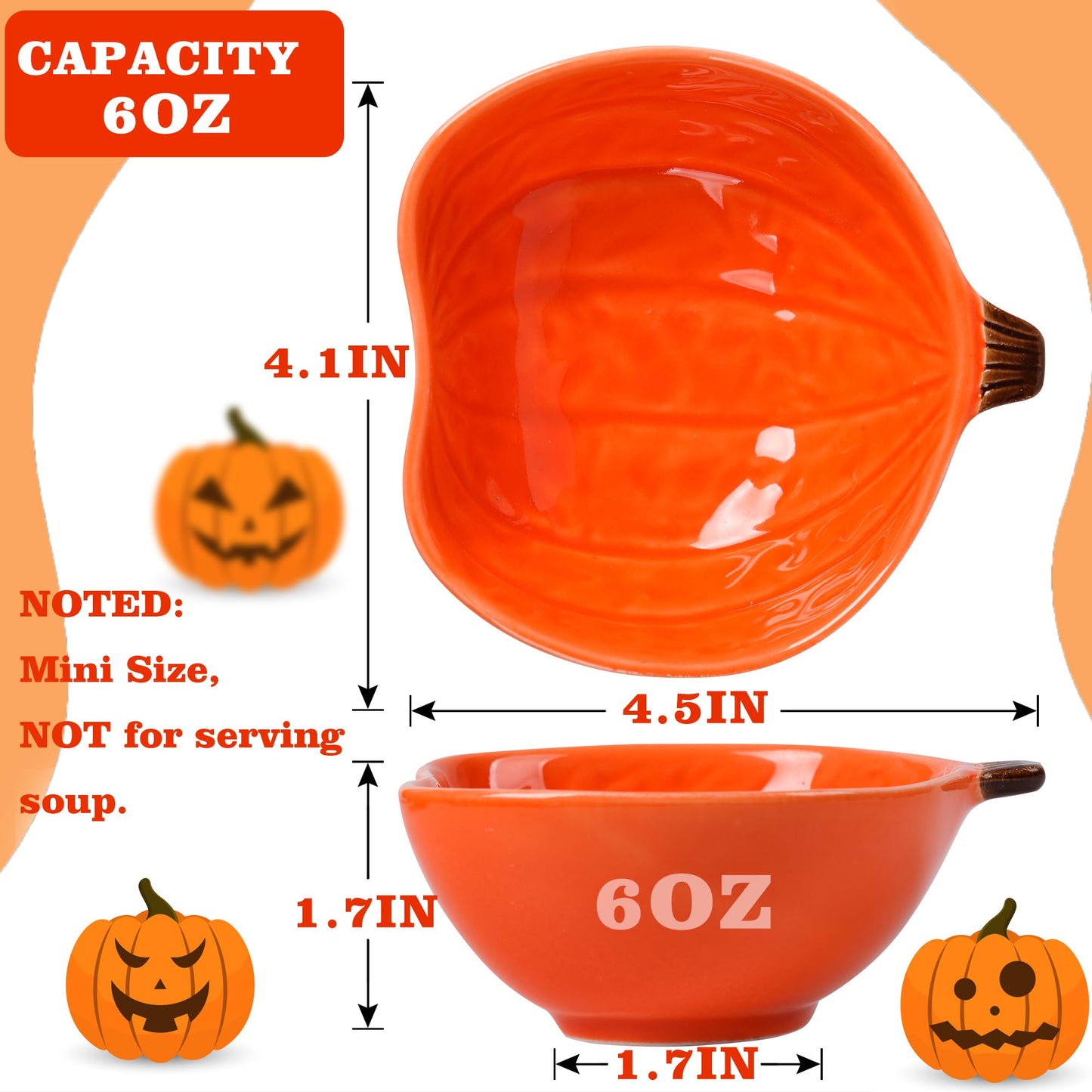 Kolewo4ever 12 Pieces Fall Ceramic Pumpkin Bowl 6 Ounces Ramekins Small Pumpkin Shaped Bowls Orange Dinnerware Decoration for Fall Halloween Serving Dip, Sauce, Condiments,Snack (Orange)
