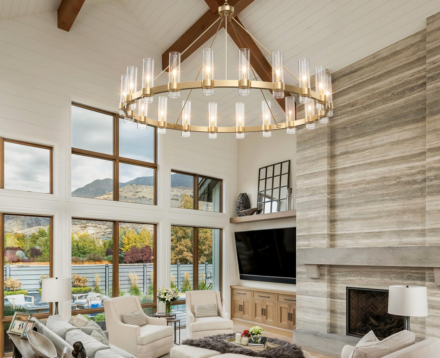 YIOSI 60 Inch Gold Chandelier, Wagon Wheel Chandelier with Glass Shade, 20-Lights Large Round Modern Farmhouse High Ceiling Pendant Lighting Fixture for Dining Room, Living Room, Kitchen, Foyer