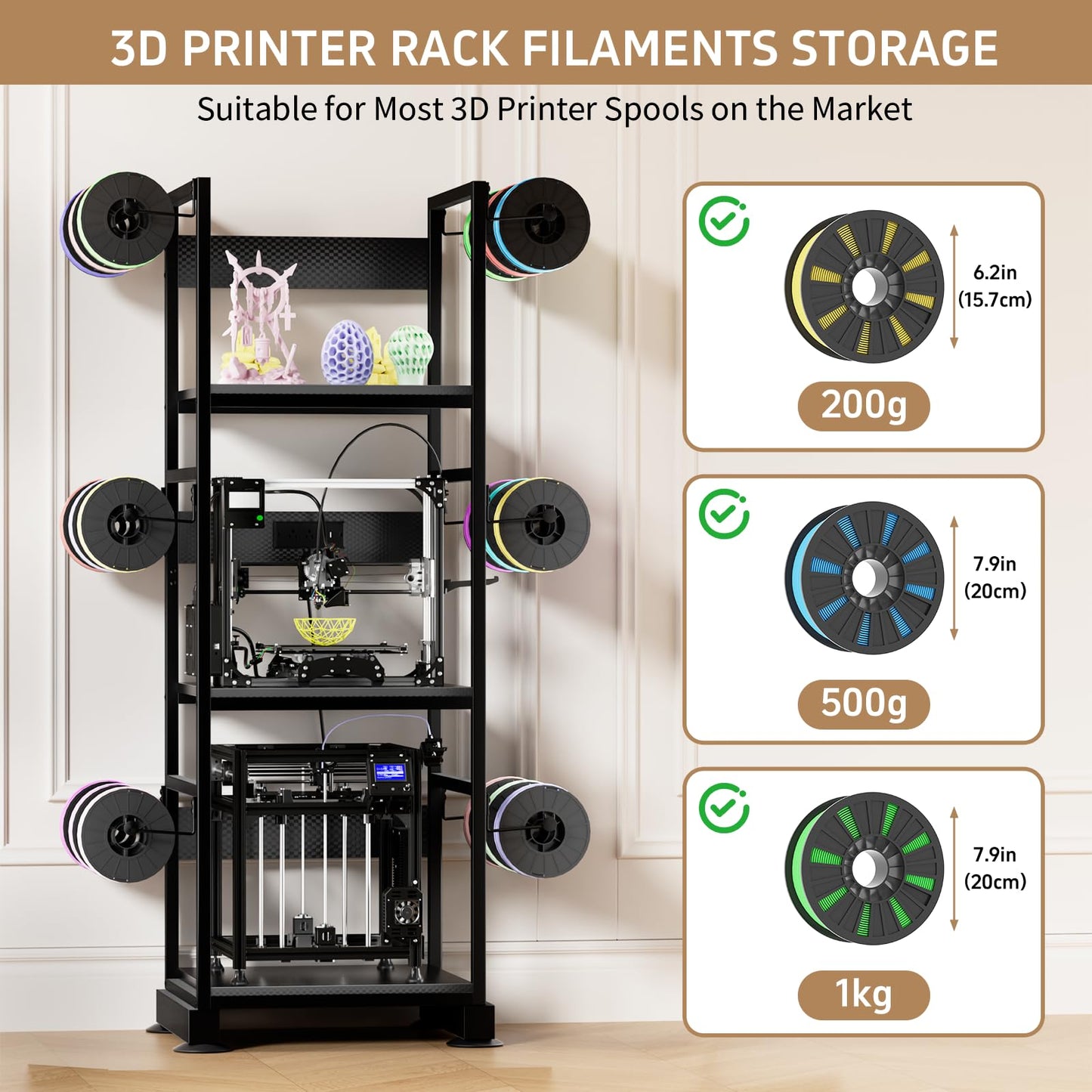 MILEFA 3DPrinter Stand with Filament Storage,3D Printer Rack with Power Outlet,Heavy-Duty 3D Print Storage Shelf for ABS/PLA/TPU Filament Spools,Perfect for 3D Printing Workshops,Carbon Fiber Black