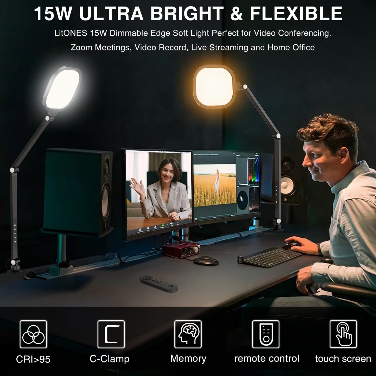 LitONES Video Conference Light for Computer, Dimmable Camera Lighting for Video Recording, Meeting, Laptop & Webcam, 15W Ring Light with C- Clamp,Swing Arm, Remote, Memory & Timer CRI >95