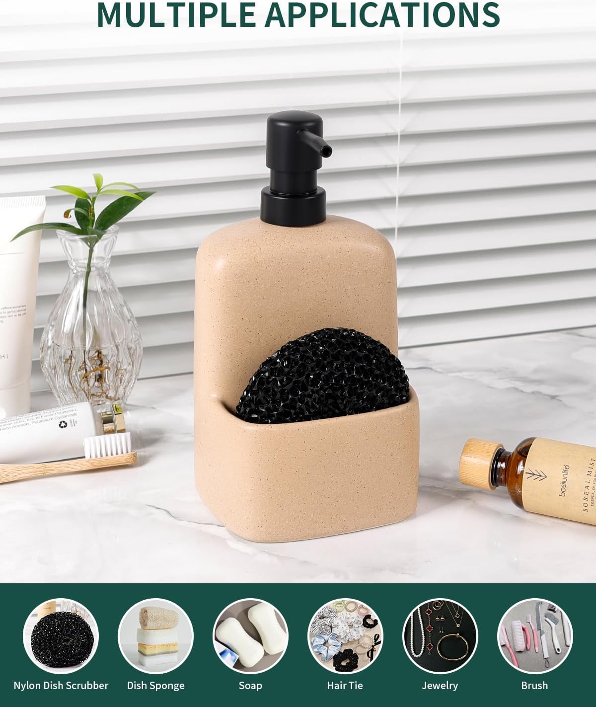 BosilunLife Dish Soap Dispenser - Linen Beige Ceramic Kitchen Soap Dispenser with Sponge Holder Matte Ceramic Soap Daddy Dispenser 20oz for Kitchen Soap Pump and Sponges Caddy