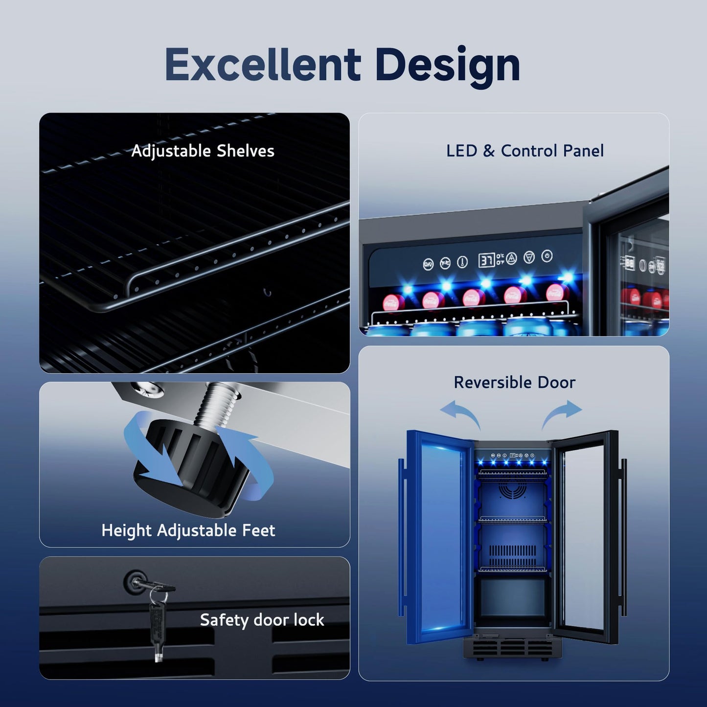 ICEVIVAL 15 Inch Beverage Fridge, 132-Can Capacity Under Counter Refrigerator with Blue LED Display, Beverage Refrigerator with Glass Door & Adjustable Shelves for Home, Bar, Office (Black)