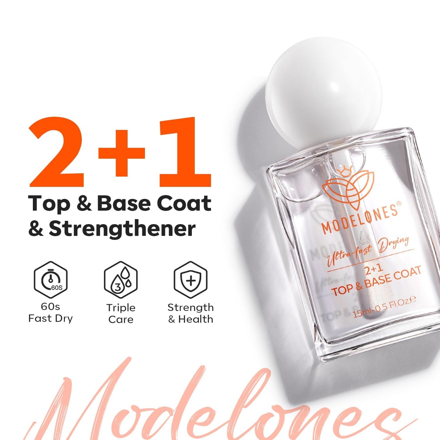 modelones 3-in-One Top Coat and Base Coat Nail Polish, Nail Strengthener, 15 Ml Clear Nail Polish Quick Dry Long Lasting Shine C