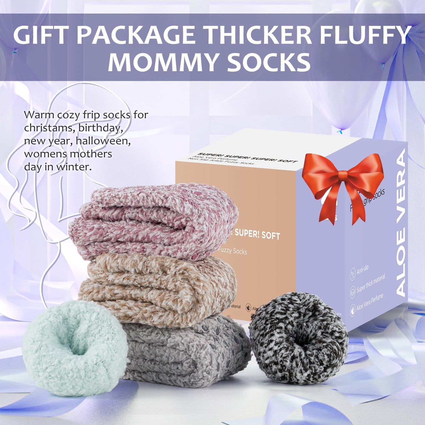 Revosoxs Fuzzy Grip Socks for Women Men,Thick Warm Slipper Cozy Fluffy Non Slip Ankle Hospital socks With Grips.（Pink+Grey+Green+Purple）