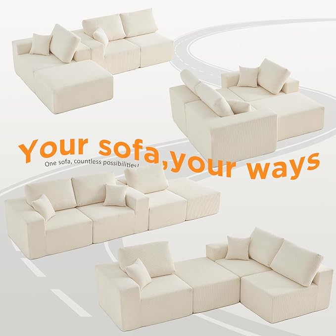 INGEROOM 108" Cloud Sectional Couch with Chaise, Modular L-Shaped Sofa, Deep Seat Comfy Corduroy Memory Foam Couch for Apartments, Dorms or Small Space, No Assembly Required, Beige
