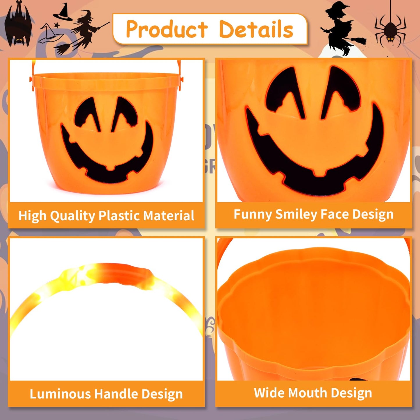 Lighted Pumpkin Halloween Candy Bucket with Handle - Large Plastic Light Up Sweet Bucket Pail for Halloween Trick or Treat Jack O Lantern Candies Collection Party Decorations for Kids