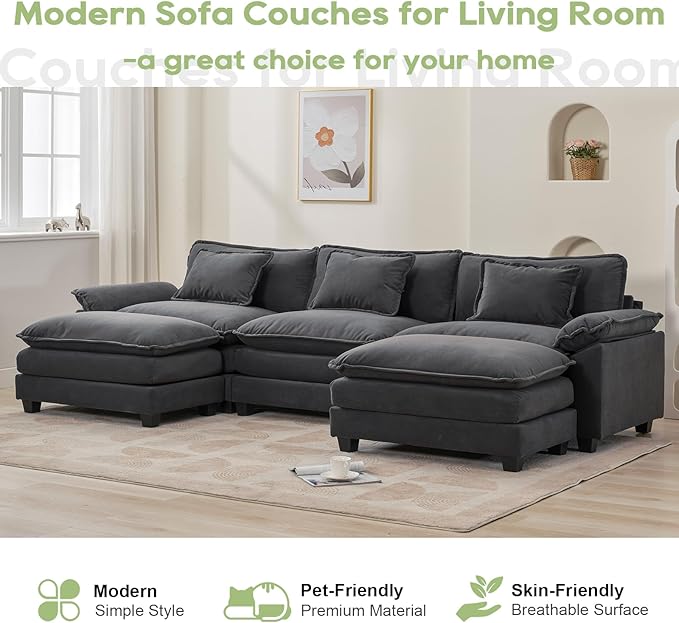 Oprisen 120" Modular Sectional Sofa, Comfy Cloud Couch Sectional Sofa with Ottoman, Chenille Sofa Sleeper Deep Seat Sofa with Throw Pillows for Living Room (Blue Gray, 120"- U Shape)