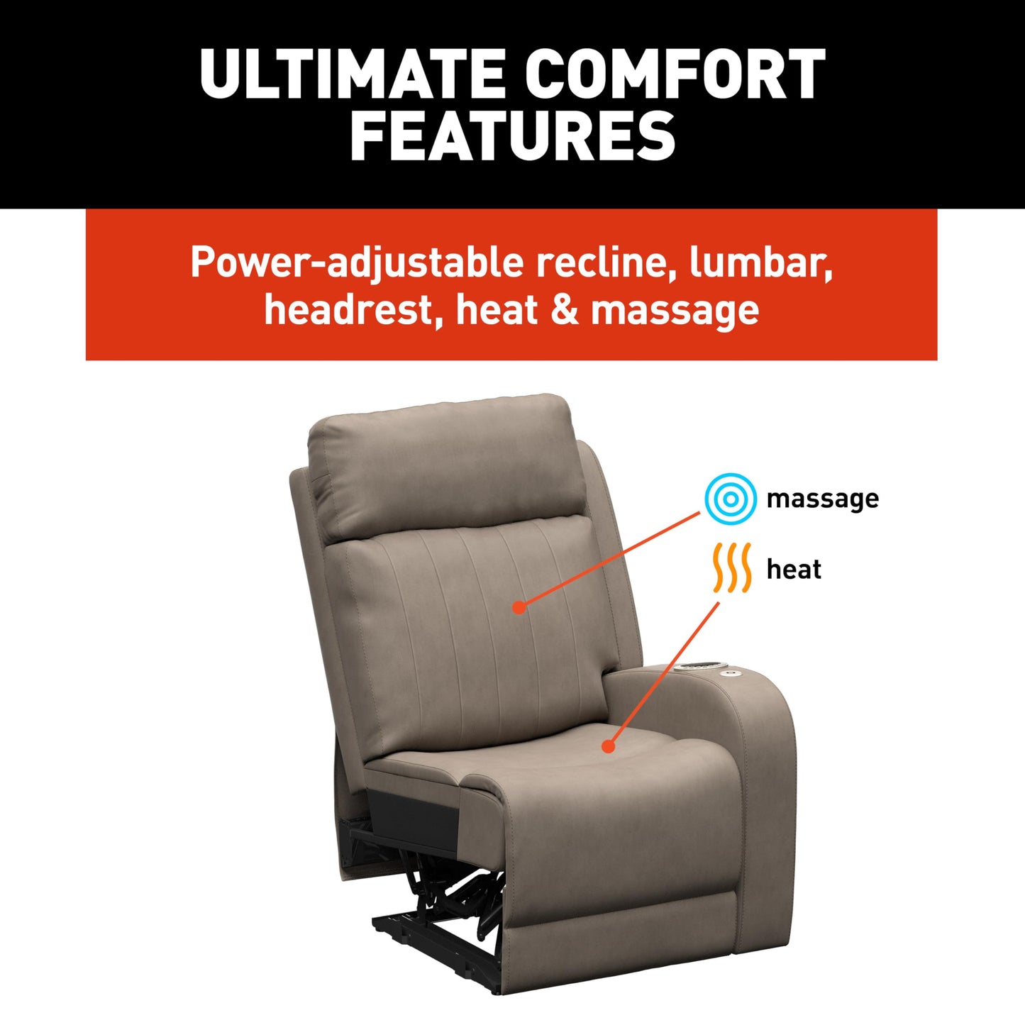 THOMAS PAYNE Signature Seismic Series Driftwood RV Theater Seating Left Arm Recliner with Power Adjustable Lumbar, Headrest, Reclining, Heating, Massage, Integrated Cupholder Controls - 2024044197