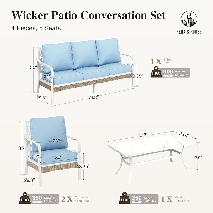 HERA'S HOUSE 4-Piece Patio Furniture Set with Metal & Rattan Design, Includes 2 Fixed Chairs, 3-Seat Sofa & Marble Coffee Table, All-Weather Outdoor Conversation Set for Garden Backyard Lawn, Blue