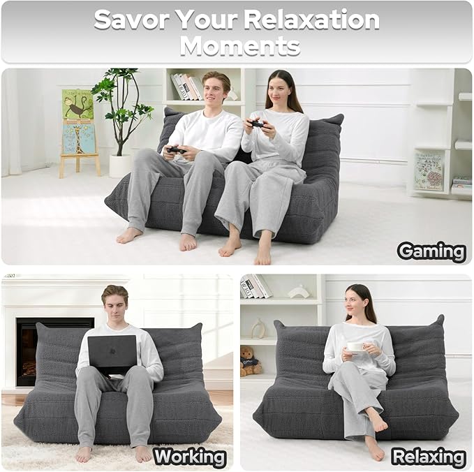 HABUTWAY Bean Bag Chairs Fireside Lazy Floor Sofa, Soft Teddy Fleece 2 Seater Sofa with High-Resilience Foam Filling，Beanbag for Living Room, Bedroom, Office (Dark Grey Teddy)