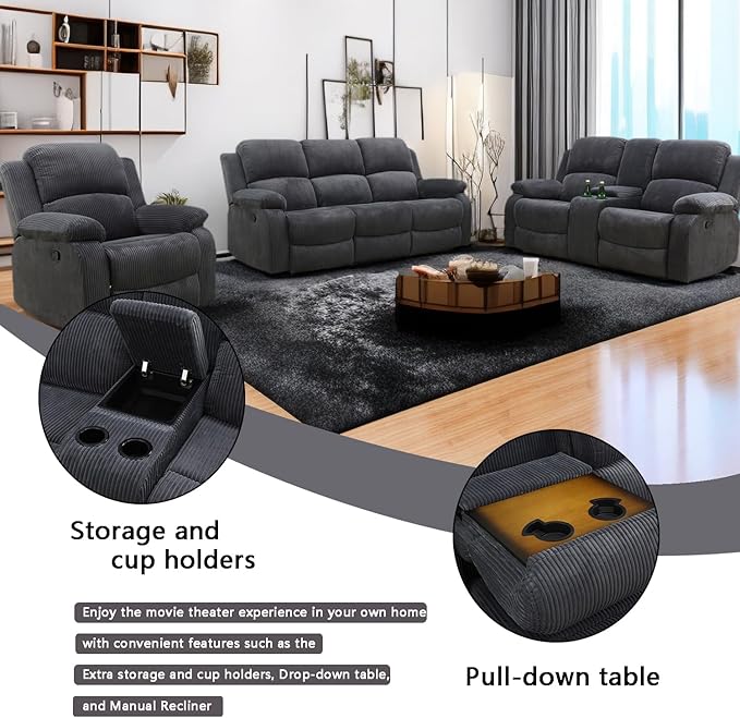 A Ainehome Living Room Furniture Set Recliner Sofa Set Loveseat Chair Furniture Sofa Set Grey Corduroy for Living Room/Rv/House/Theater Seating (A-Dark Grey Corduroy, 3 Piece Set)