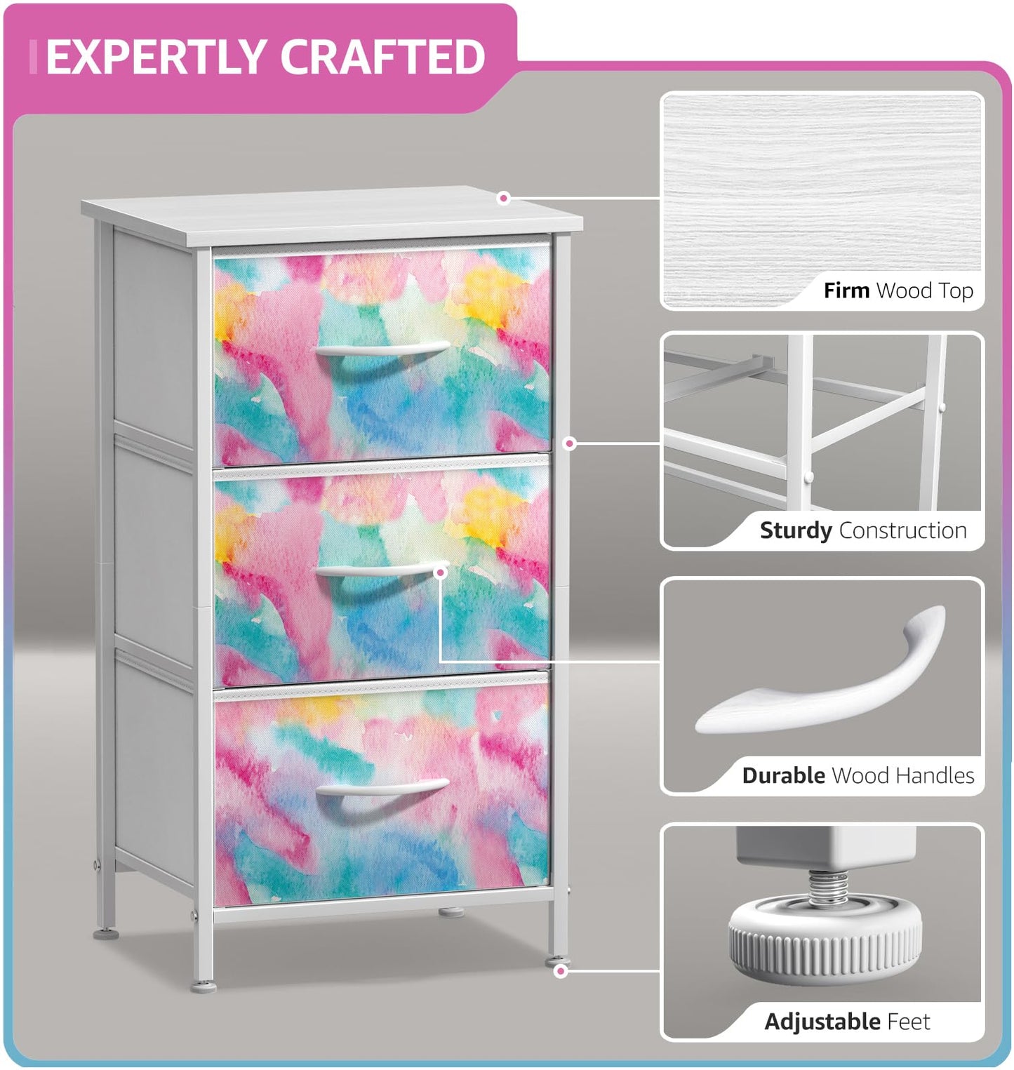 Sorbus Kids Dresser with 3 Drawers - Storage Chest Organizer Nightstand - Steel Frame, Wood Top, Tie-Dye Fabric Bins for Clothes - Wide Furniture for Bedroom, Hallway, Nursery, Closet, & Apartment