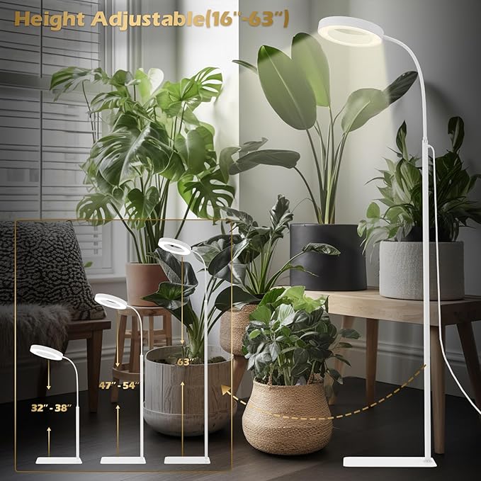 GLOWRIUM Grow Lights for Indoor Plants, Full Spectrum LED Grow Light Floor Lamp with Stand Adjustable Height and Angle, Black Plant Light with 3/9/12H Grow Light Timer (White, 20W)
