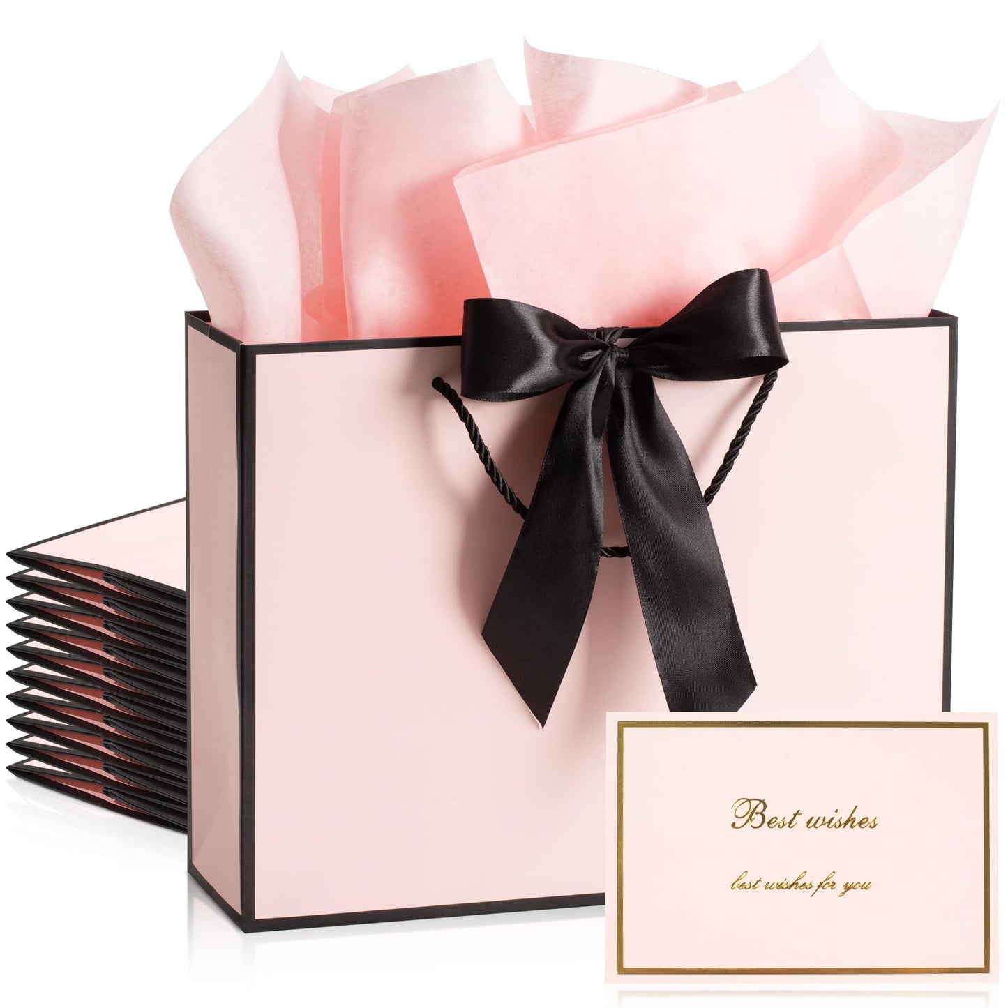 PASEOTA 12.6" Gift Bags Medium Size Set of 10 - Includes Tissue Paper, Cards & Ribbons, Luxury Gift Bags with Handles for Holiday Wedding Birthday (12.6" x 9.8" x 3.9", Pink Black)