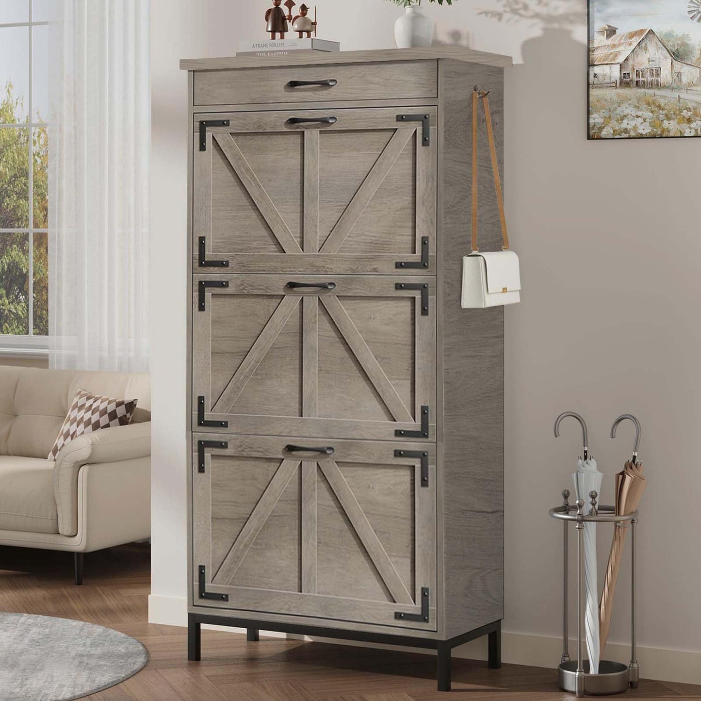Jocoevol Shoe Cabinet Storage for Entryway with 3 Flip Drawers and 1 Top Drawer, Freestanding Hidden Narrow Shoe Cabinet with Metal Legs for Foyer, Hallway (Grey)