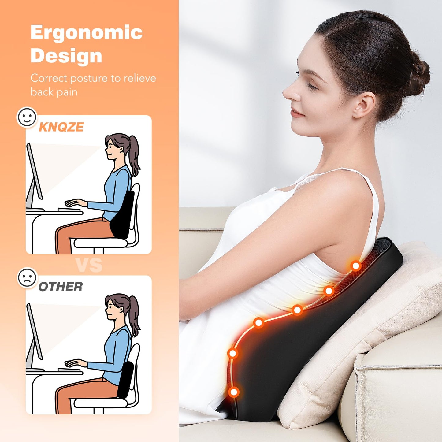KNQZE Lumbar Support Pillow for Office Chair, Heated Back Support Pillow with Vibration, Back Massage for Pain Relief, 3 Heating Levels & 4 Motors & 3 Intensities, at Home Office Car Sofa - Black