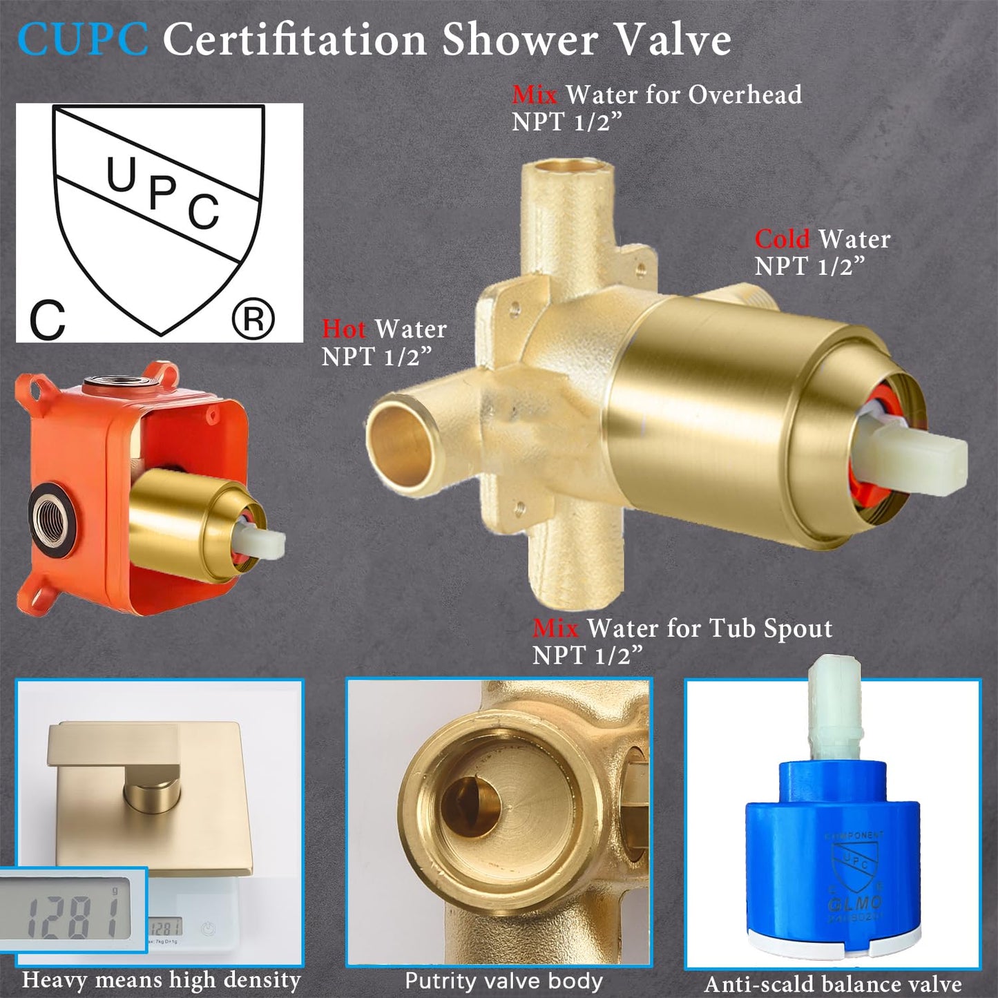 SUNZOE Shower Faucet Set with Tub Spout Brushed Gold 10 Inch Rainfall Shower 4 Setting Spray Mixer Shower System Modern Luxury Wall Mounted Tub Shower Faucet Set Rough-in Valve Body (Brushed Gold)