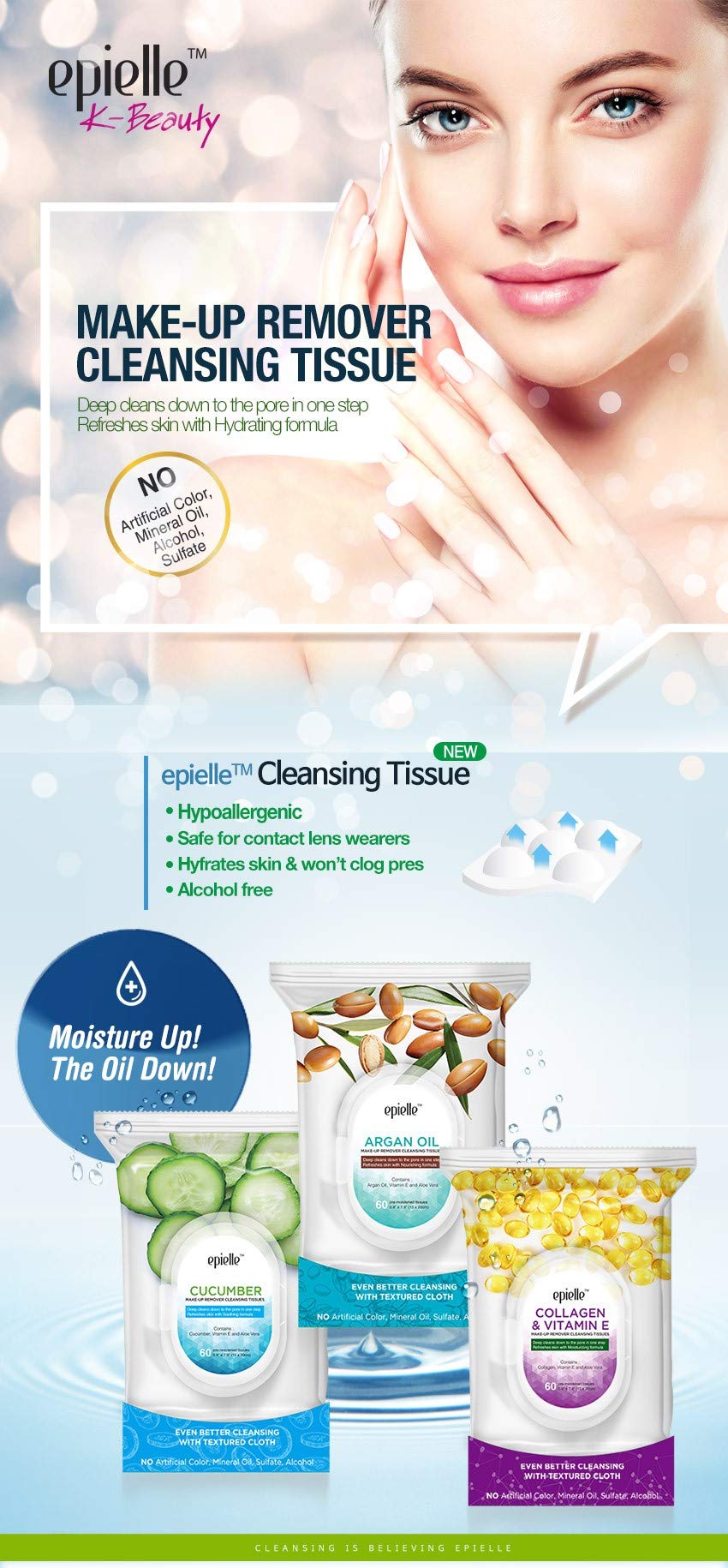 Epielle Cucumber Makeup Remover Wipes | 60 Count, 2 Pack | Gentle Cleansing Towelettes | Beauty Gift, Spa Day, Gift Set | Korean