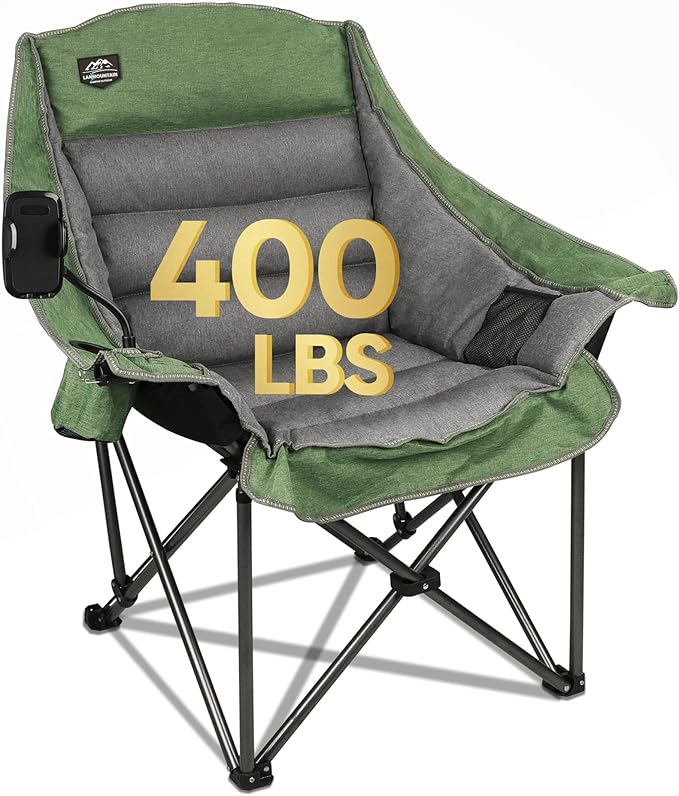 LANMOUNTAIN Oversized XL Folding Camping Chair,Heavy Duty Support 400Lbs,Large Comfy Padded Camp Chair for Adults,Lawn Arm Chair w/Cup Holder,Phone Holder,Carry Bag Perfect for Outdoor (Green)