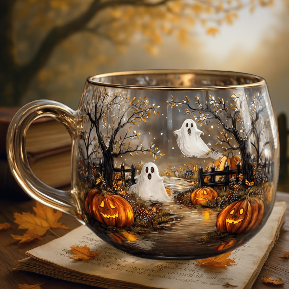 Haunted Path Halloween Mug - Hand Painted Pumpkin and Ghost Design, Spooky Coffee Mug for Halloween Gifts, Fall Decor, Microwave Safe (3.9 * 3.1 inch) (1pcs)