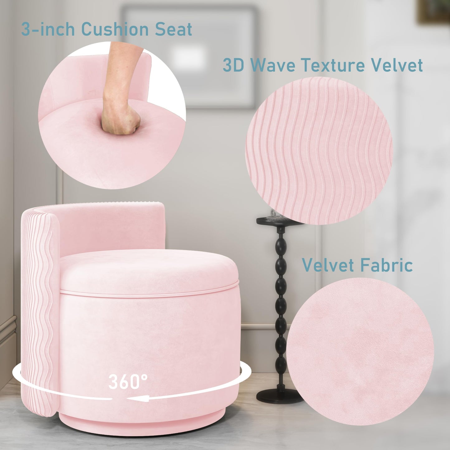 allamazing 360° Swivel Accent Chair with Storage, Vanity Stool with Back, Velvet Storage Ottoman, Upholstered Round Barrel Vanity Chair for Living Room, Makeup Room, Bedroom (Pink)