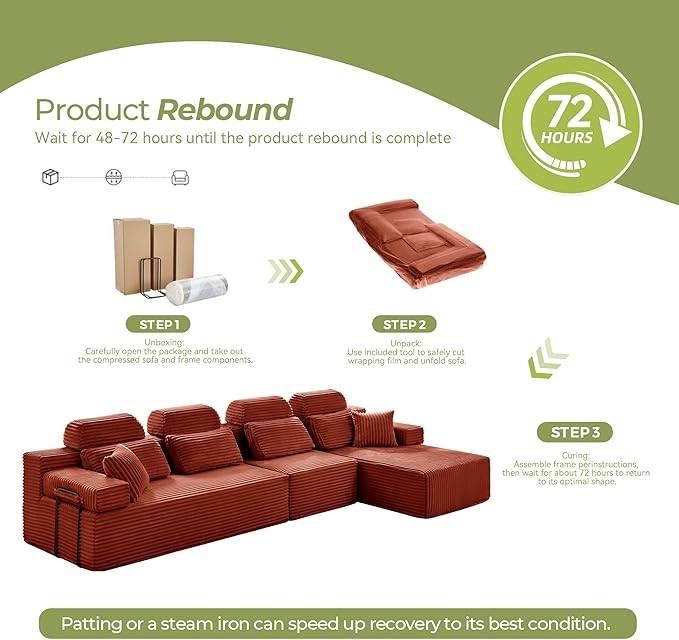 136" L Shaped Cloud Modular Sectional Sofa with Chaise & Headrest, Boneless Deep Seat Plush Corduroy Couches for Large Living Room, No Assembly Required (Orange, 136" L-shapred Chaise)