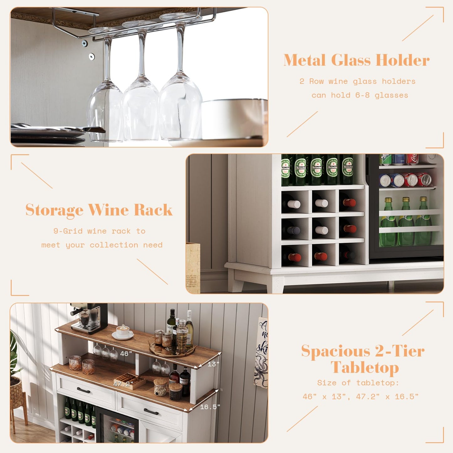 AMERLIFE 47" Farmhouse Coffee Bar Cabinet with 15" Refrigerator & Wine Rack & Glass Holder, Wine Cabinet with Storage Drawers & Open Shelves, Sideboard Buffet Cabinet for Dinging Room, Living Room