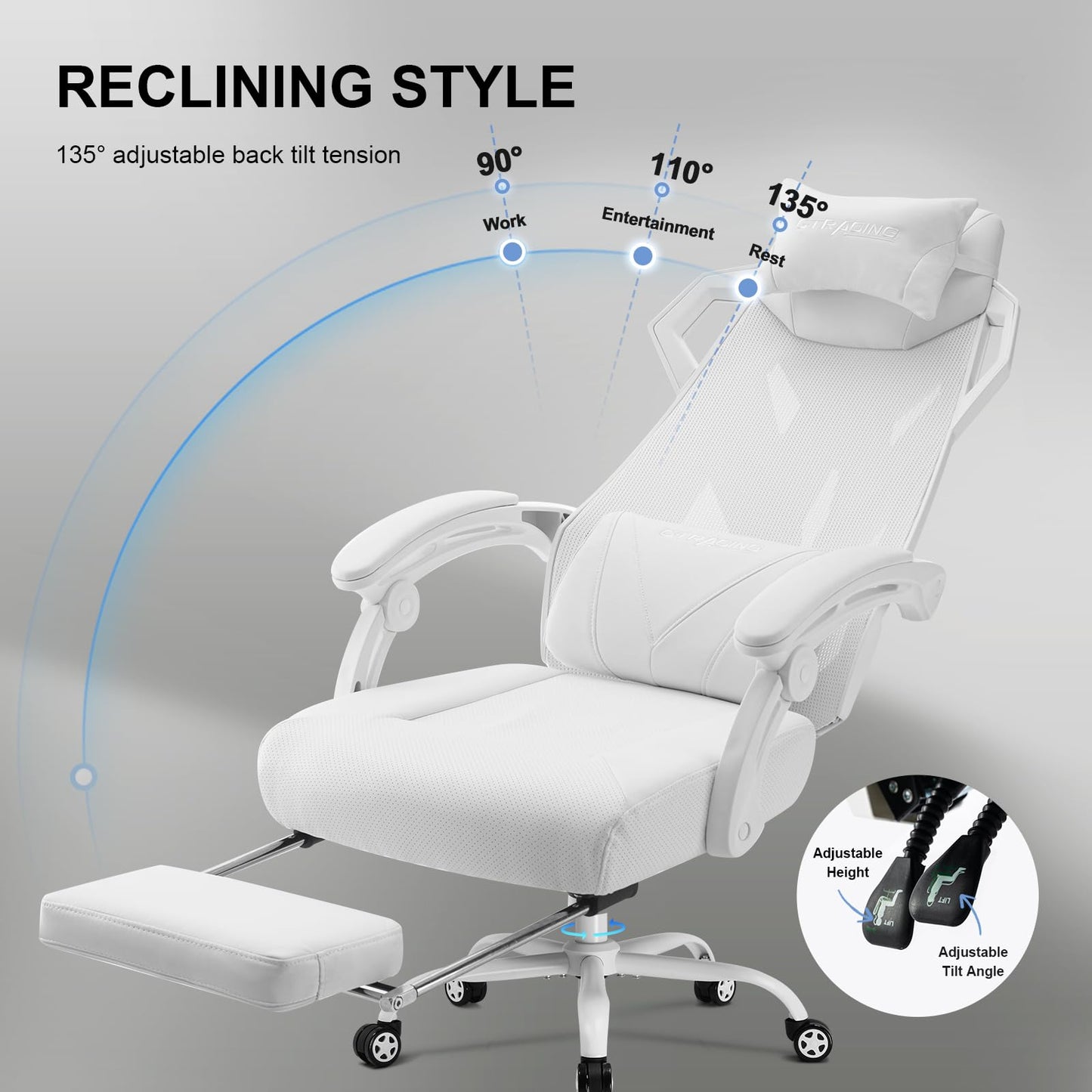 GTRACING Gaming Chair, Computer Chair with Mesh Back, Ergonomic Game Chair with Footrest, Reclining Game Chair with Adjustable Headrest and Lumbar Support for Gaming and Office (White)