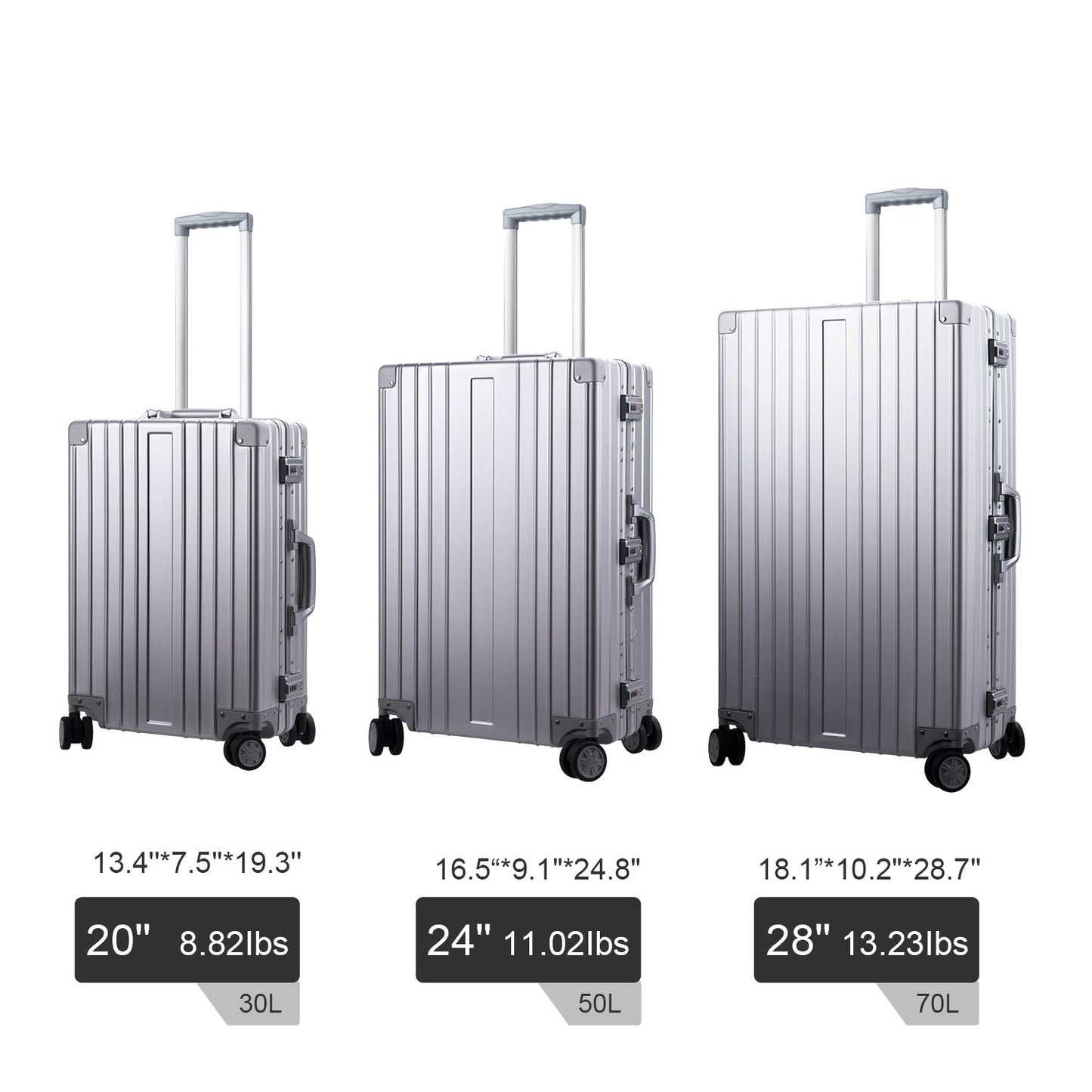TRAVELKING All Aluminum Carry On Luggage Zipperless Hard Shell Luggage Case with TSA Lock Spinner Alloy Metal Suitcase (Silver, 20")