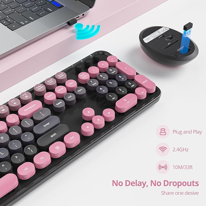 Owpkeenthy Keyboard and Mouse Wireless, Cute Retro Full-Size Cordless Keyboard with Number Pad 2.4 GHz Wireless USB Receiver for Computer (Heimei Pink)