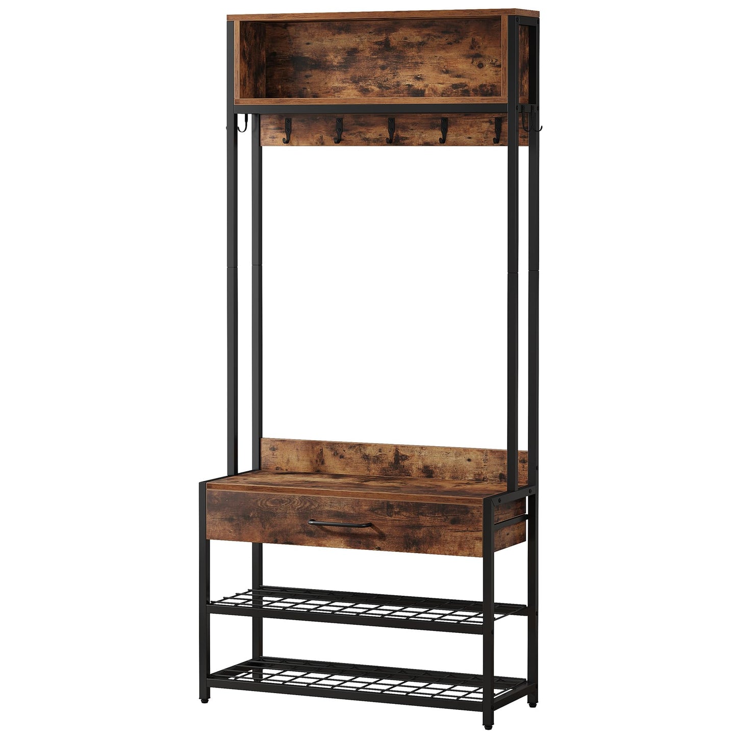 Tribesigns 3-in-1 Entryway Hall Tree with Drawer, Vintage Industrial Coat Rack with Shoe Bench and Hutch, Mudroom Bench with Shoe Storage Rack and 9 Hooks for Living Room Bedroom (Brown)