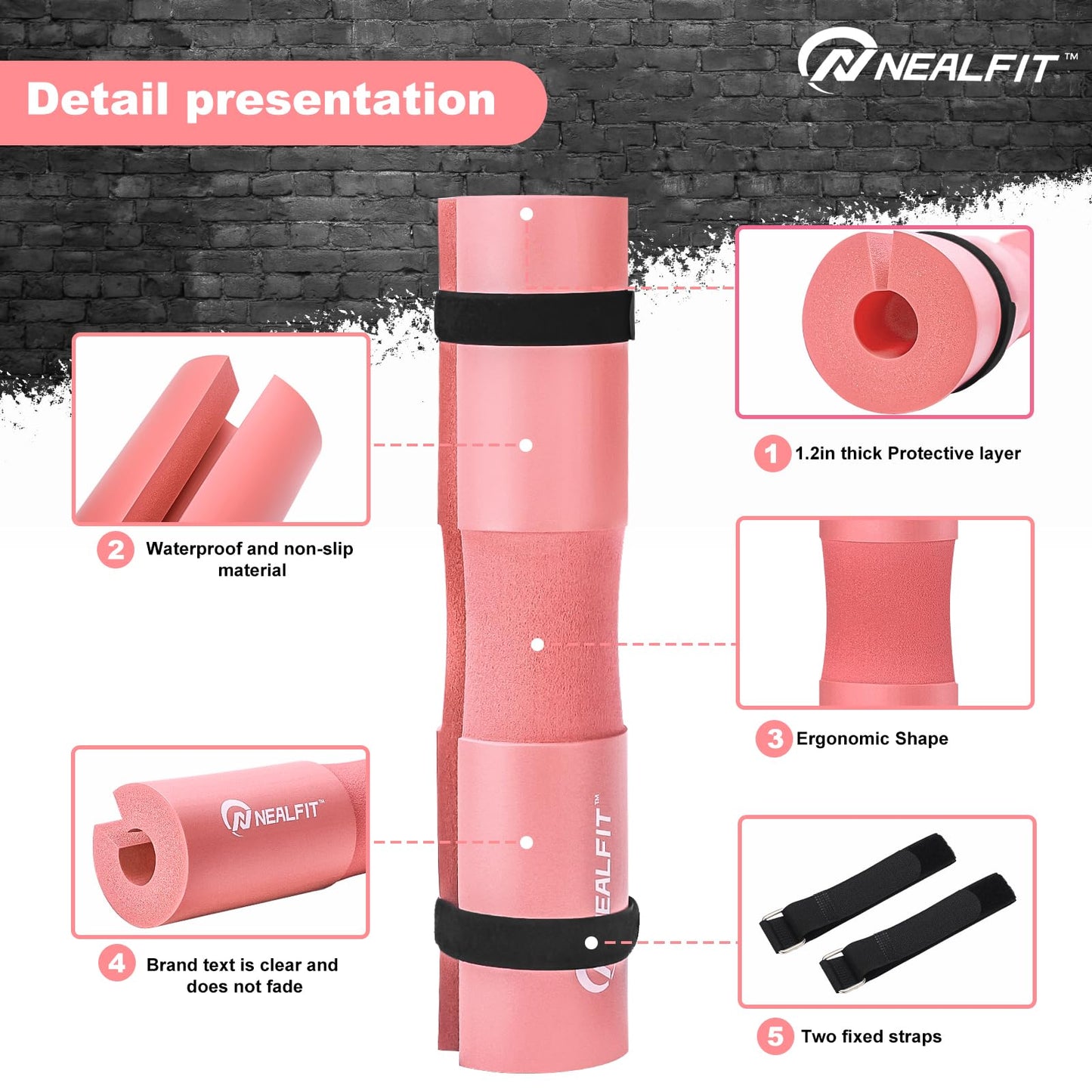 NEALFIT Barbell Pad Squat Pad for Squats—Squat Bar Pad—Great for Weightlifting,Lunges and Hip Thrusts—Foam Sponge Pad—Fit Standard and Olympic Bars Perfectly (Light Pink)