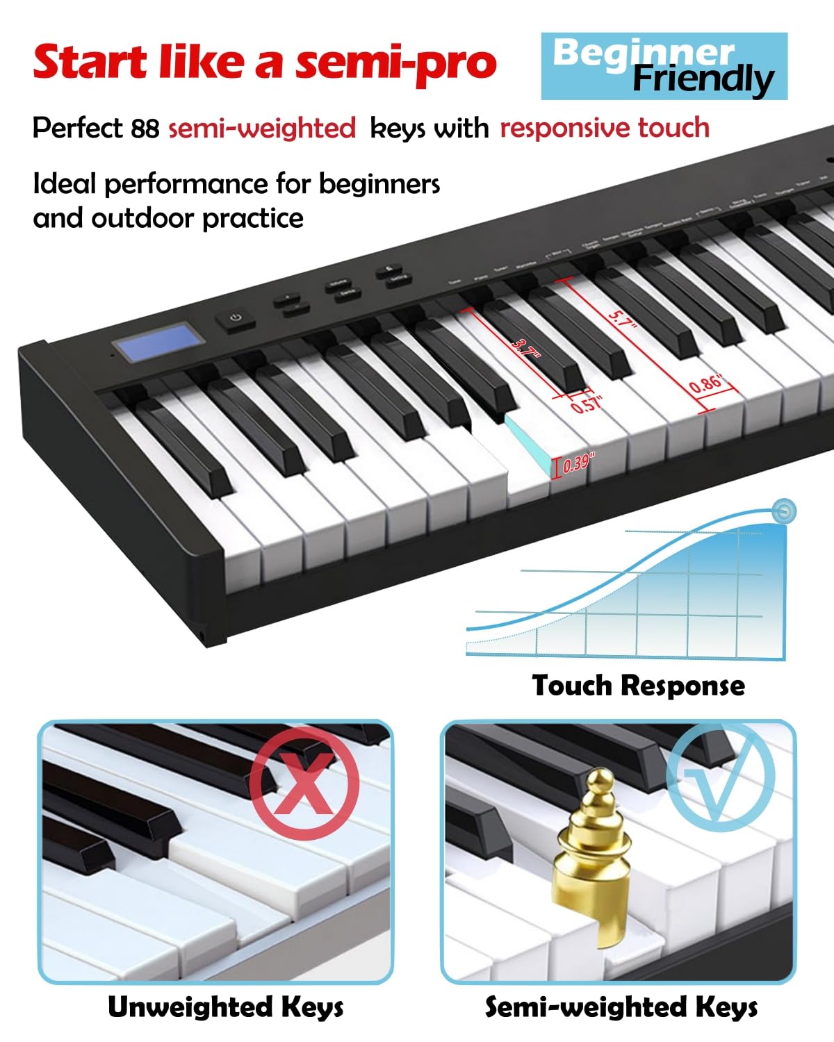 NikoMaku Semi-weighted 88 Keys Piano Keyboard Compact Portable Digital Piano Set for Beginners with Stand, Carrying Case, Sustain Pedal, Headphones, SWAN-S Black
