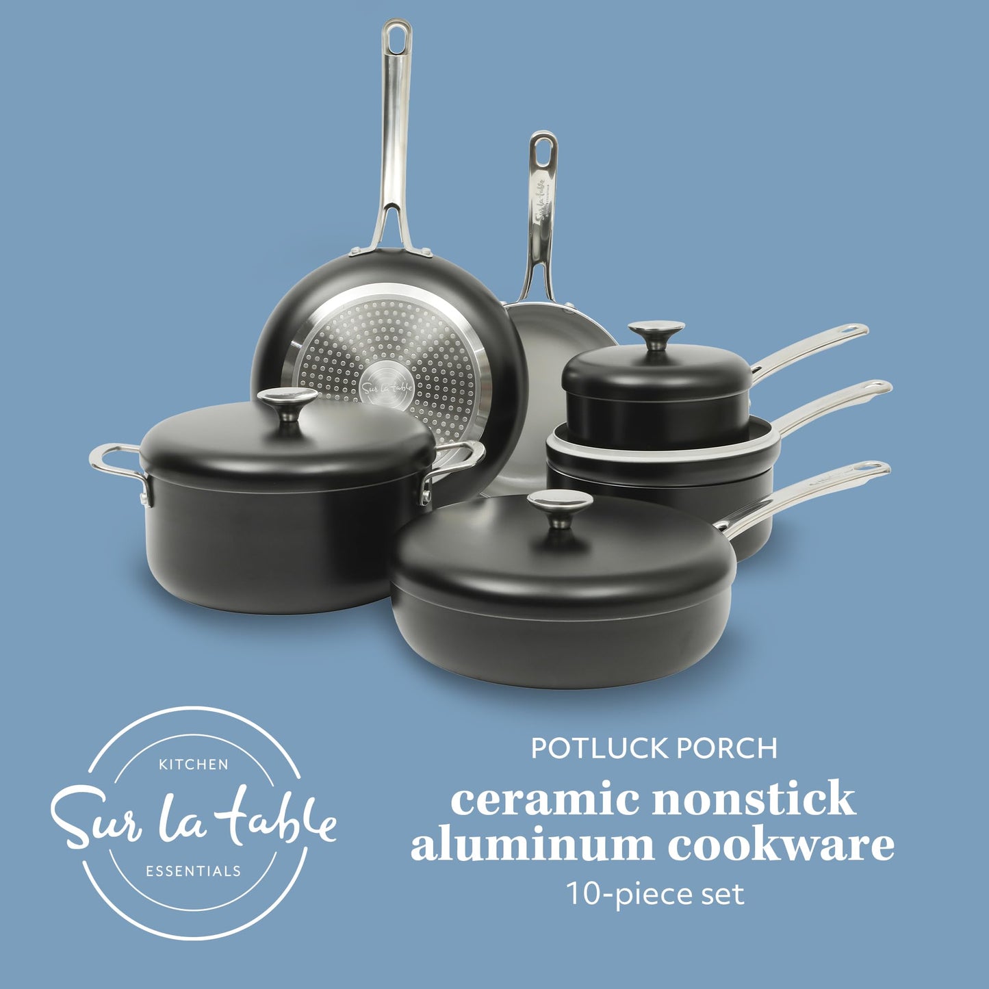 Sur La Table Kitchen Essentials Potluck Porch 10 Piece PFA Free Ceramic Non stick Interior Forged Aluminum Cookware Pots and Pans Set W/Aluminum Lids - Black - Induction Compatible