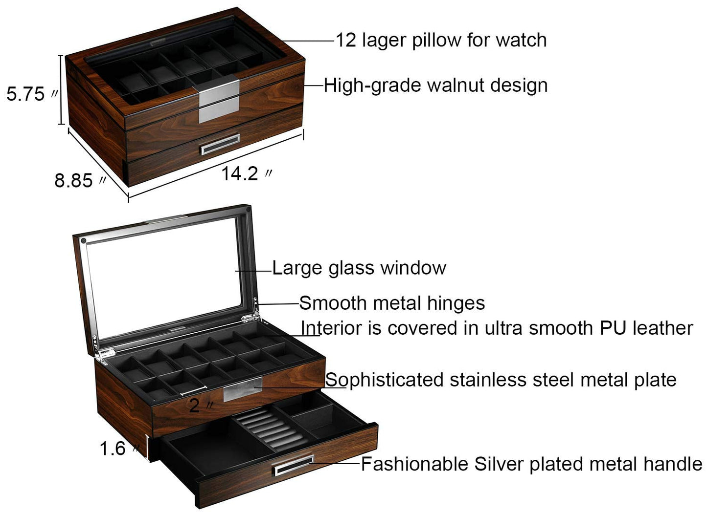 Lifomenz Co Watch Box for Men 12 Slot Wooden Watch Organizer - Premium Walnut Watch Display Case Storage with Valet Drawer, Real Glass Window & Luxury Leather Interior