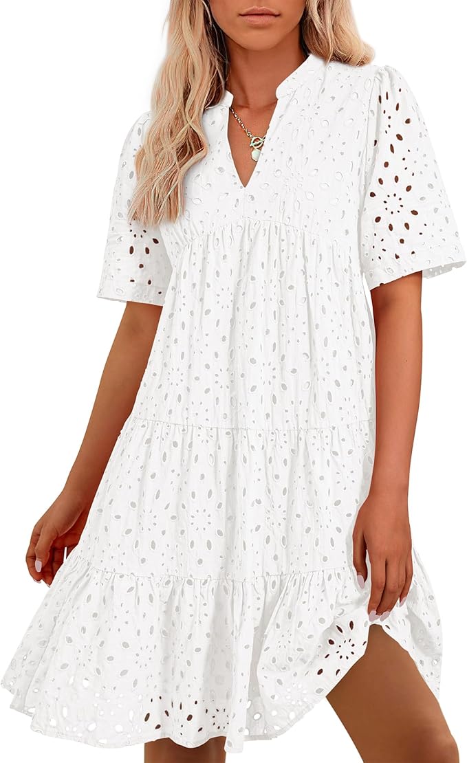 BTFBM Womens Boho Summer Dresses 2026 Spring V Neck Short Sleeve Hollow Out Lace Ruffle Casual Beach Mini Vacation Dress