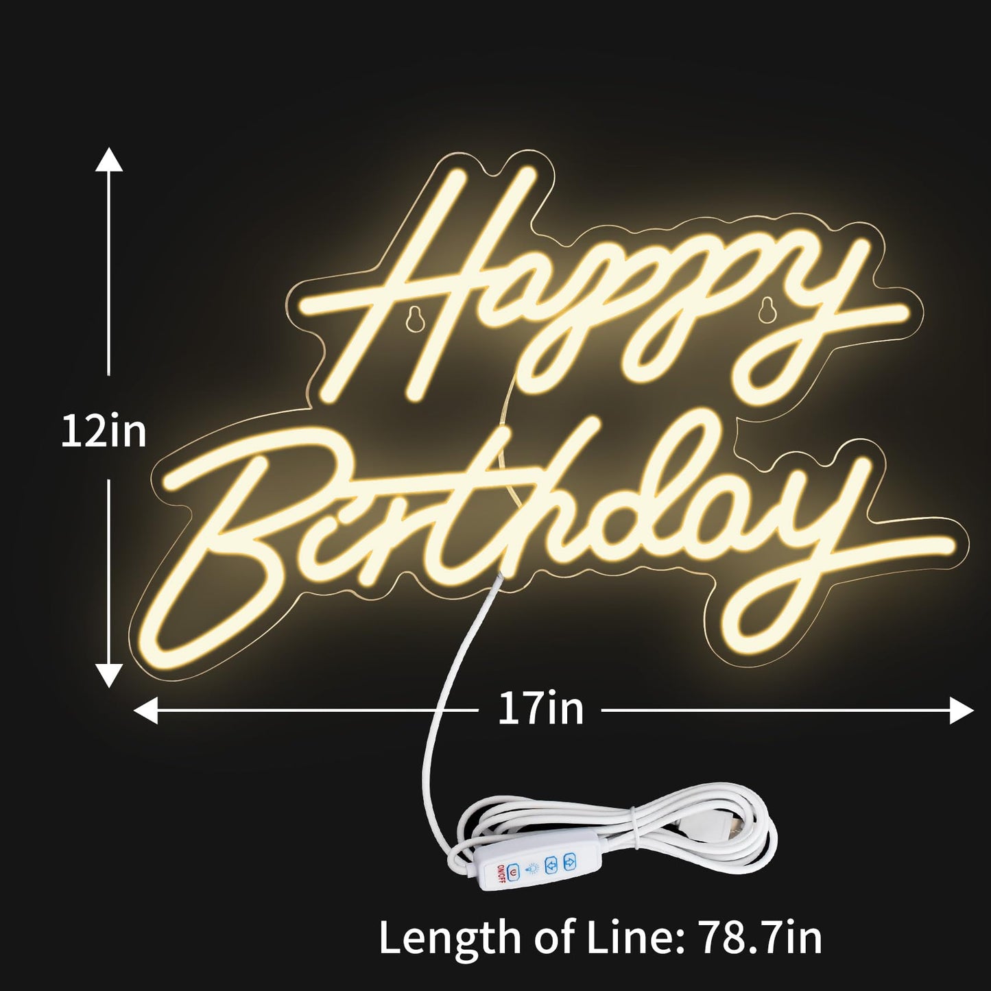 Happy Birthday Neon Sign for Wall Decor, LED Happy Birthday Light Up Sign, USB Powered Dimmable Neon Light for Birthday Party Decorations Backdrop, Warm White