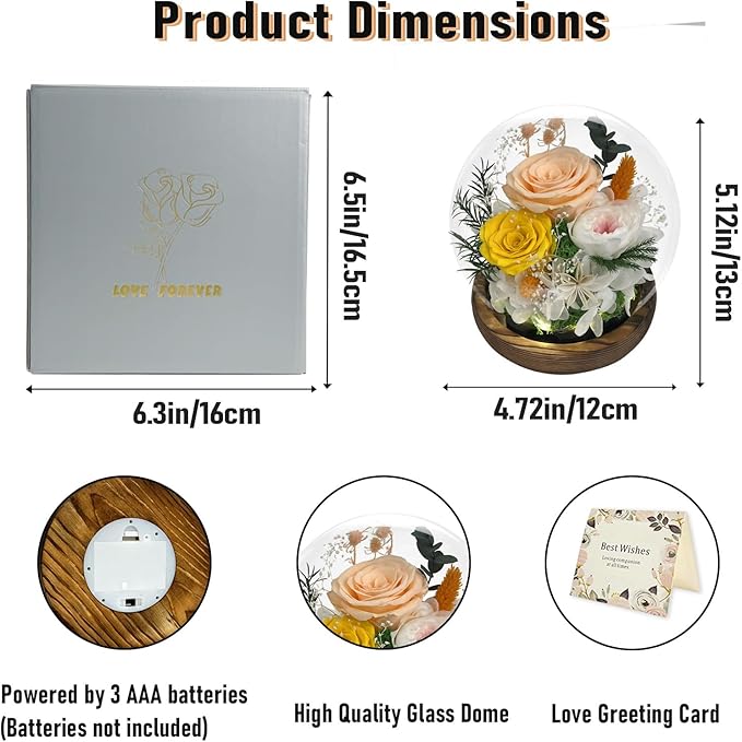 FIACO Valentines Gifts for Her Preserved Flowers in Glass Dome Long-Lasting Eternal Roses Birthday Gifts for Women Mom Grandma Wife Girlfriend Forever Flowers for Delivery Prime