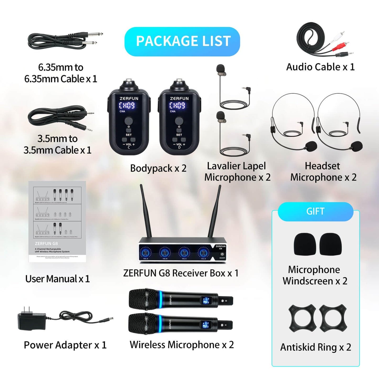 ZERFUN Rechargeable Wireless Microphone System 4 Channel Pro, UHF Metal Handheld Headset Lavalier Lapel Mics Cordless for Church Karaoke Singing with Volume Control, 4x50 Frequency(G8)