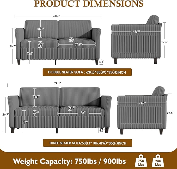 Corduroy Loveseat Sofa, Modern Comfy Couches with Side Pocket, Cloud Sofa Couch for Living Room, Bedroom and Small Spaces,Grey