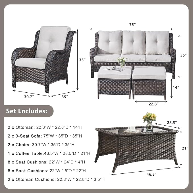 Rilyson Wicker Patio Furniture Sofa Set - 7 Piece Rattan Outdoor Patio Sectional Conversation Sets with 2 Sofa,2 Armrest Chairs,1 Coffee Table and 2 Ottomans for Porch Deck Garden(Brown/Beige)