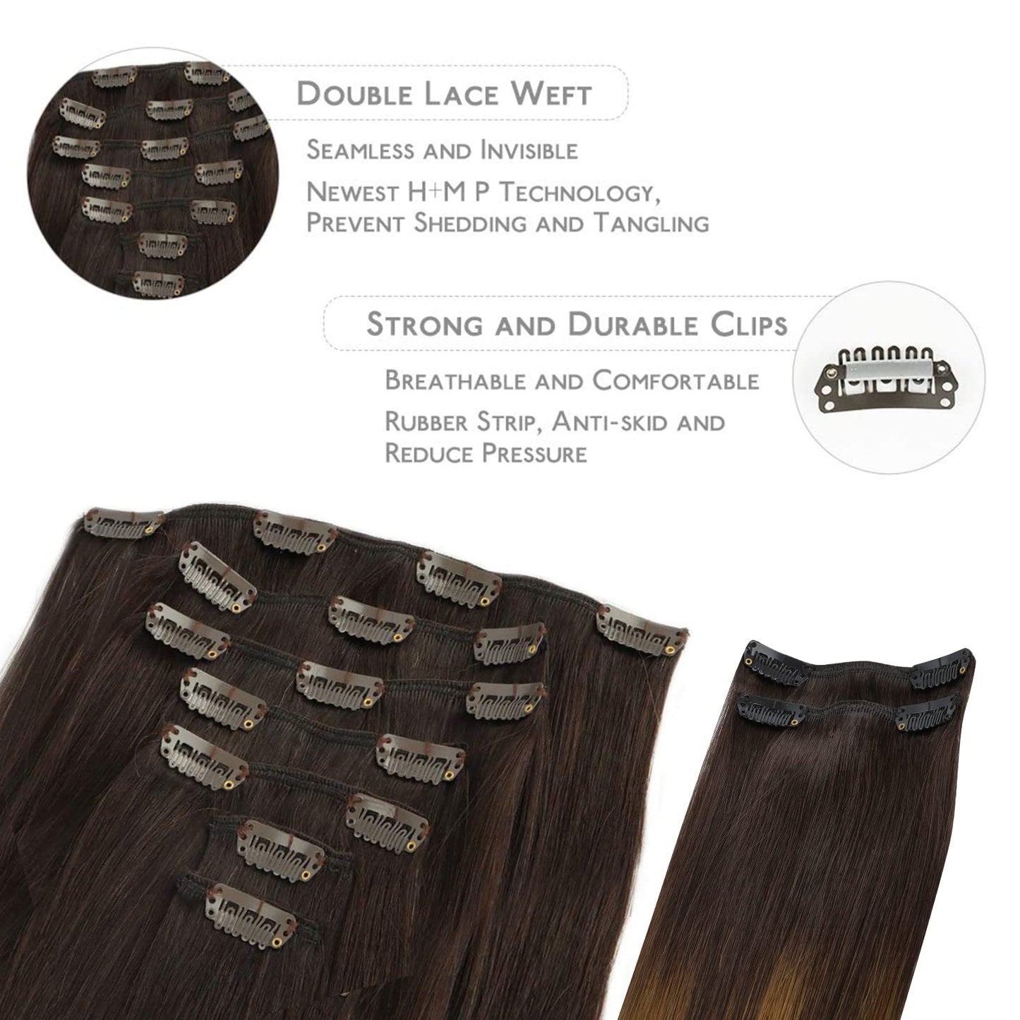 WENNALIFE Clip in Hair Extensions, 150g 16 Inch 9pcs Highlight Dark Brown to Chestnut Brown and Dirty Blonde Human Hair Extensio