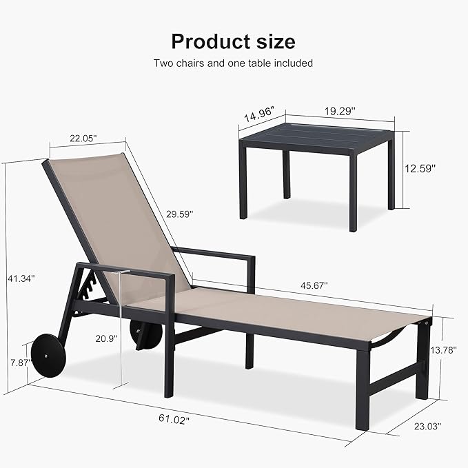 PURPLE LEAF Outdoor Chaise Lounge Set for 2 Aluminum Patio Chaise Lounger Chair with Armrest Adjustable Pool Chaise Lounge Chair for Beach Yard Poolside Table Included, Sand Beige