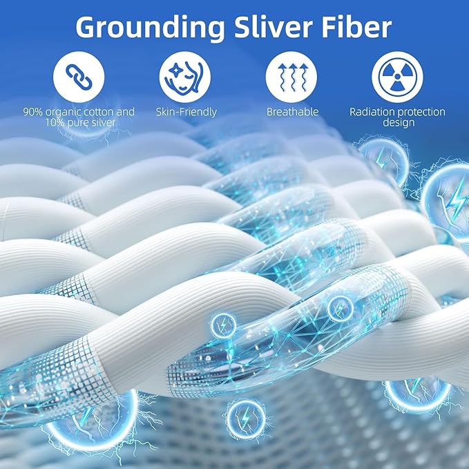 Grounding Mat for Bed 90% Organic Cotton+10% Pure Silver Fiber, Grounding Fitted Sheets for All Mattress Sizes, with Static grounding Cord and Test Pen (White, 105.5 * 23.5 inch)