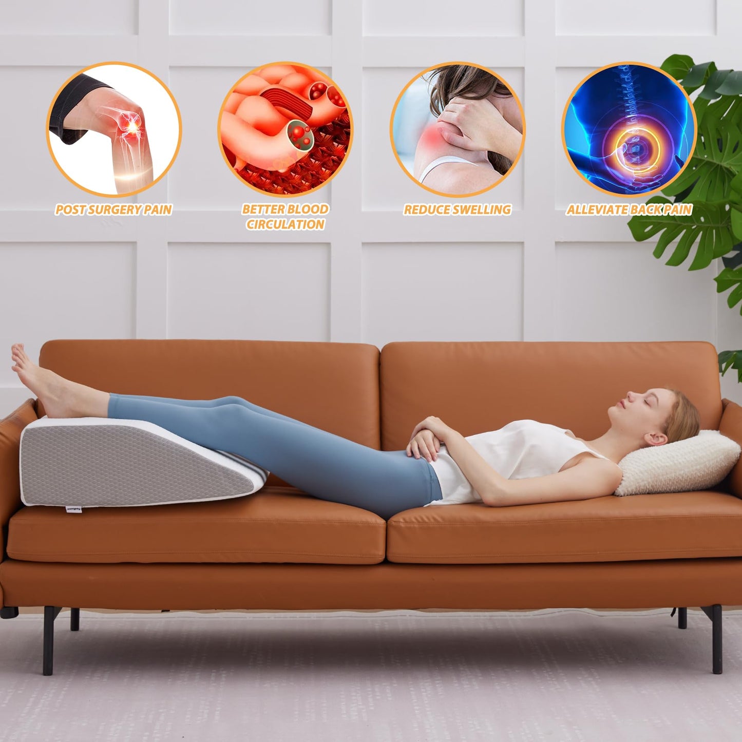 Bedluxe Leg Pillow, 8inch Leg Elevating Pillow for After Surgery, Blood Circulation, Leg Wedge Pillow for Side Sleeping, Leg Rest for Swelling, Cooling Gel Memory Foam Top, White/Grey
