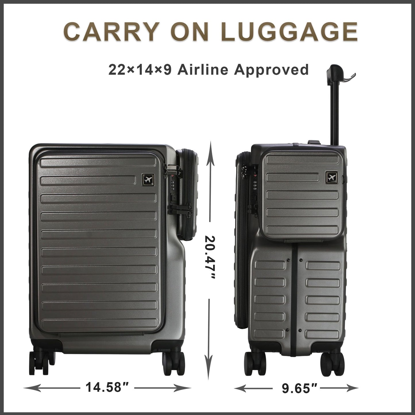 MAITUD Front Opening Carry On Luggage 22x14x9 Airline Approved, 20 Inch Aluminum Frame Suitcase with Dual TSA Locks & Cup Holder, PC Hardshell Travel Case with Detachable Bag (Titanium Grey)