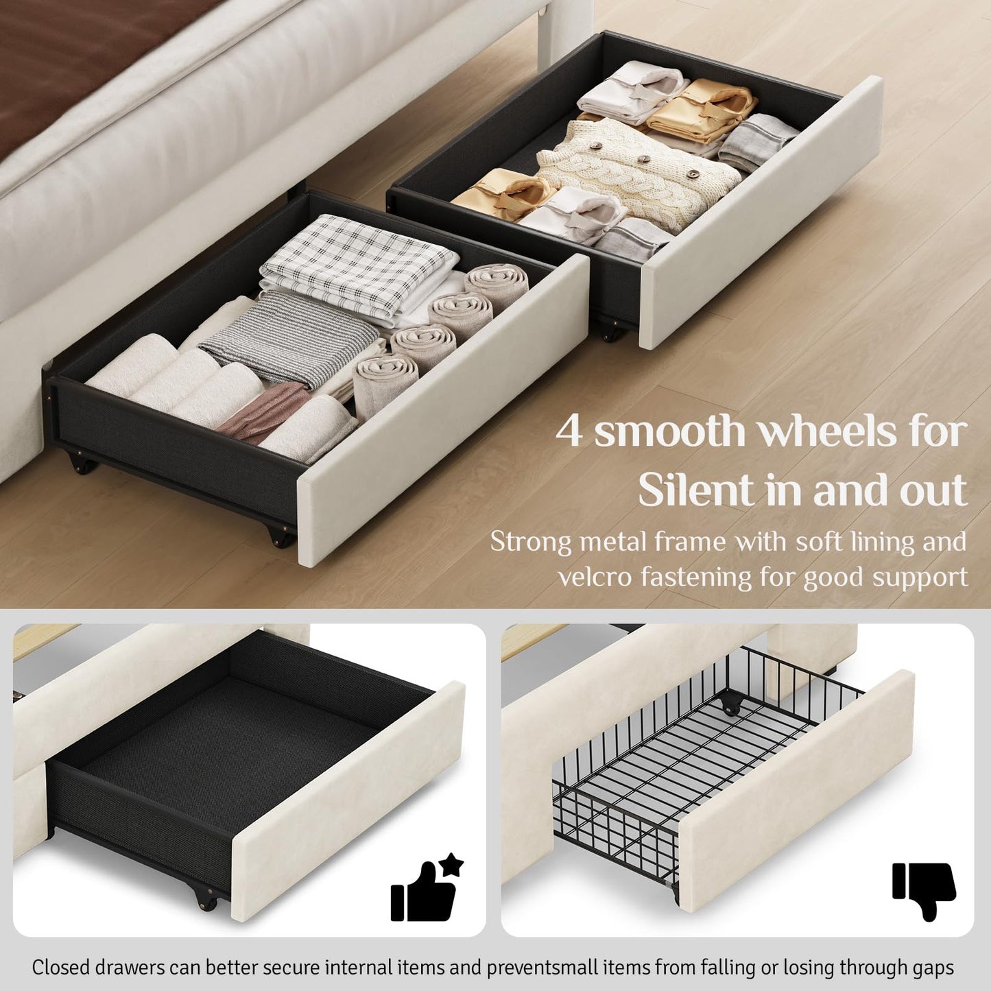 Belffin Full Size Bed Frame with 2 Storage Drawers, Upholstered Bed Frame with Adjustable Diamond Headboard, Velvet Modern Platform Bed Frame, No Box Spring Needed, Easy to Assemble, Beige