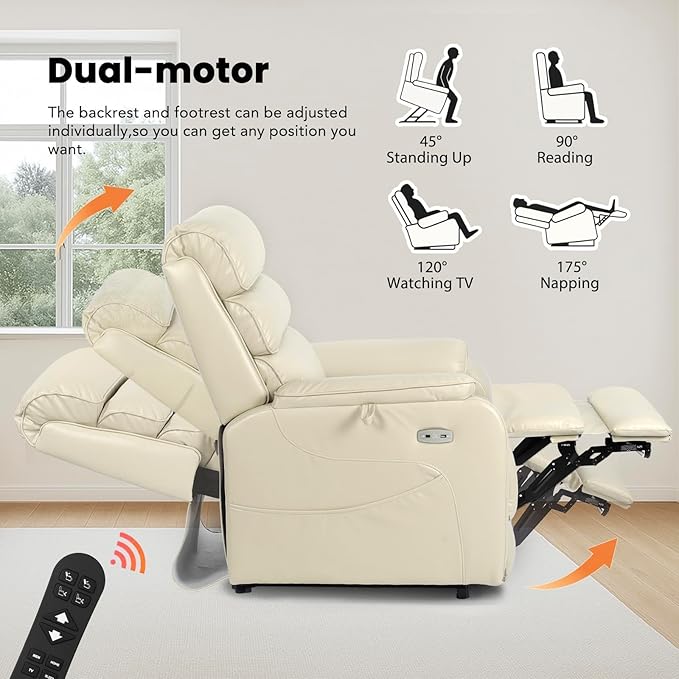 EONIX Wide Lay Flat Power Lift Recliner Chair for Elderly, 400lbs Heavy Duty Lift Chairs with Heat and Massage Charging Ports, Oversized Dual Motor Power Recliner for Adults, LRY004063, Cream White